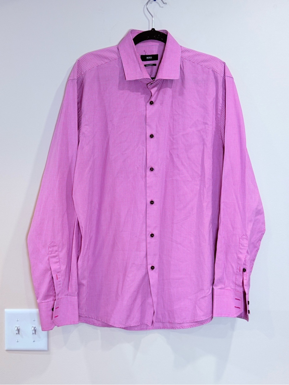 🔥Hugo Boss Men’s Pink Micro-Check Dress Shirt Size 17 🔥